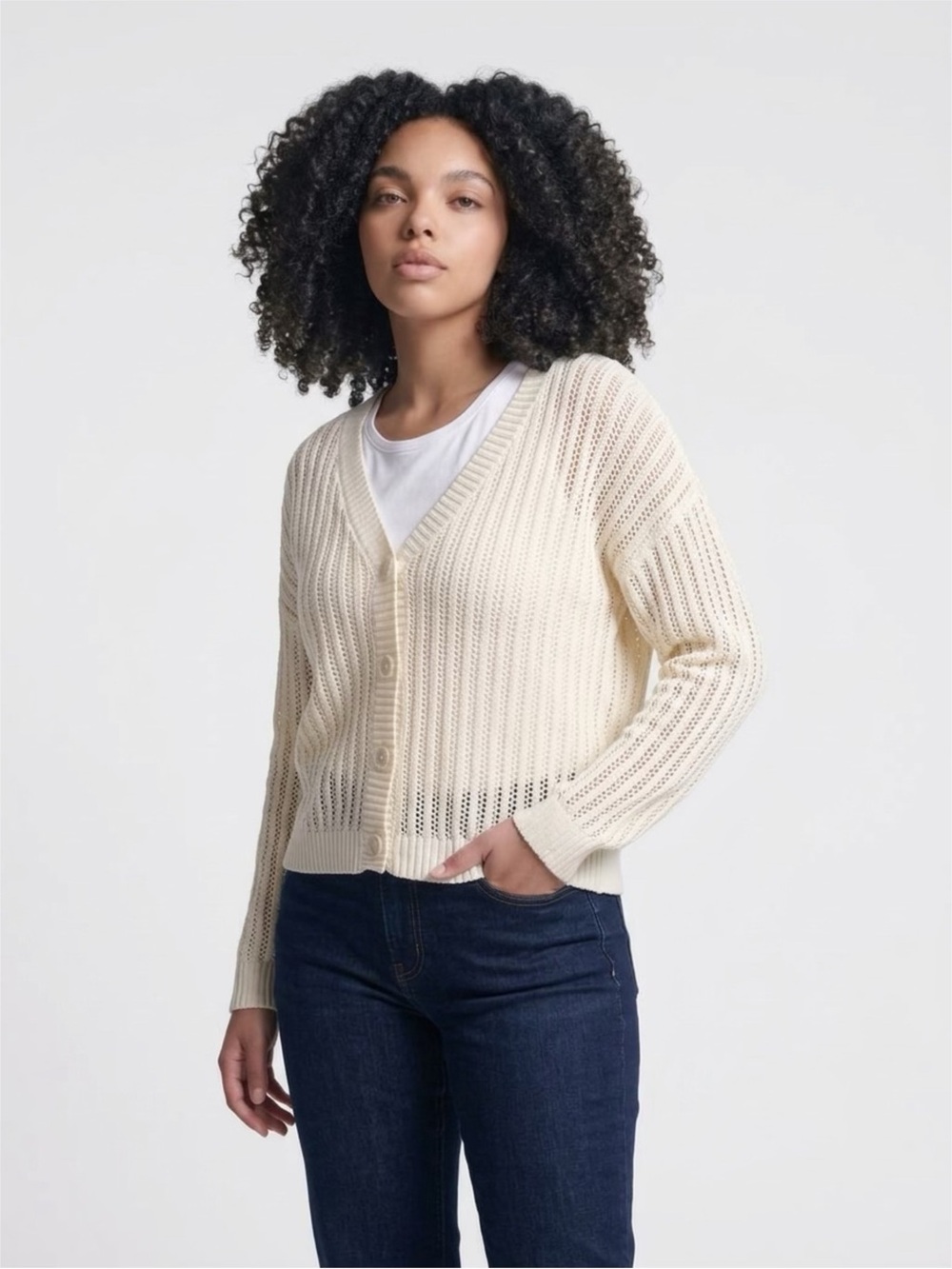 Madison + Hudson Cream Open-Knit V-Neck Button Cardigan Sweater